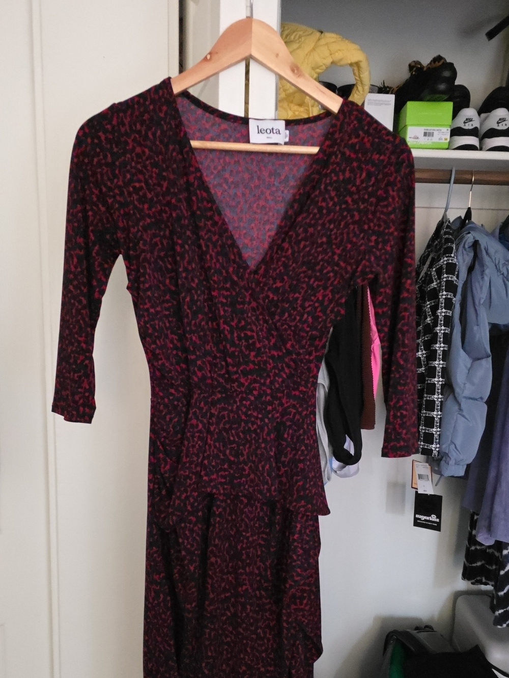 Leota Black & Burgundy Abstract Wrap-Style Long Sleeve Dress